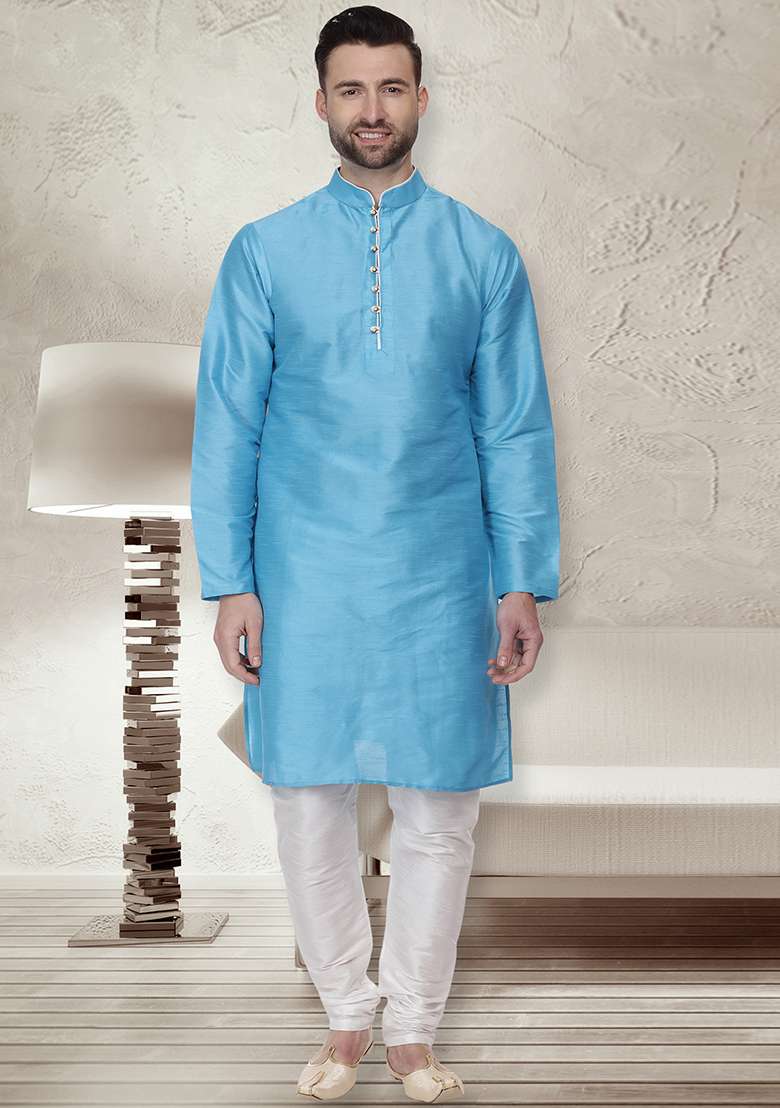 Sky Blue Embroidery Sequins Work Dupion Silk Blend Kurta Set For Men - Indya