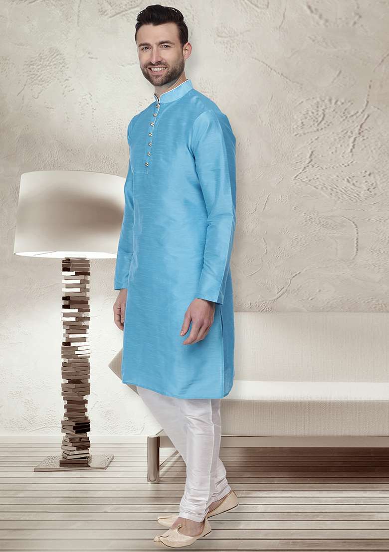 Sky Blue Embroidery Sequins Work Dupion Silk Blend Kurta Set For Men - Indya