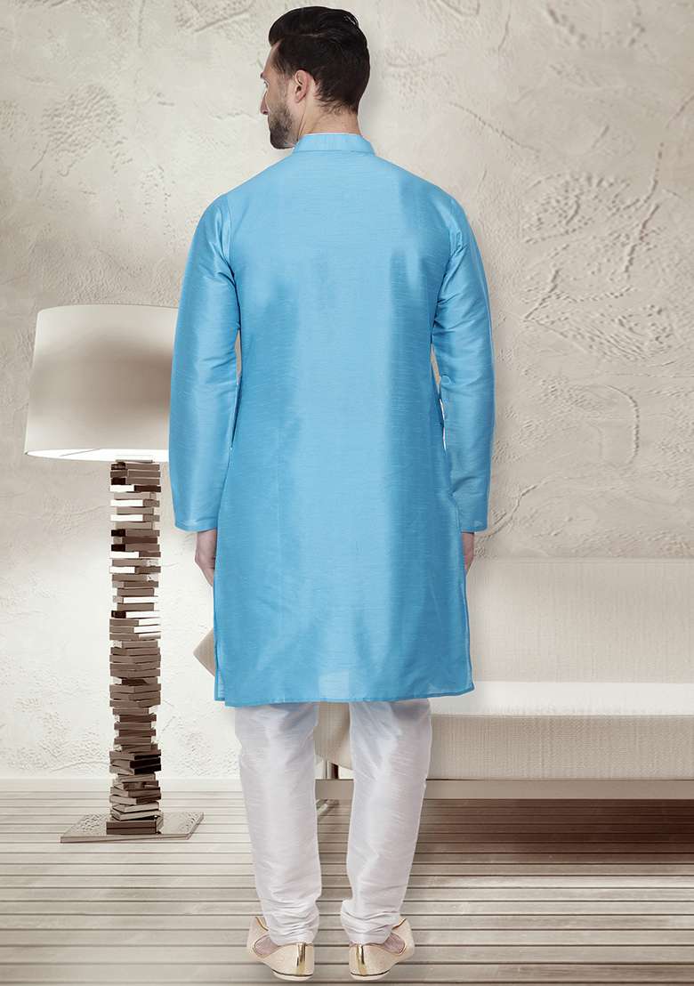 Sky Blue Embroidery Sequins Work Dupion Silk Blend Kurta Set For Men - Indya