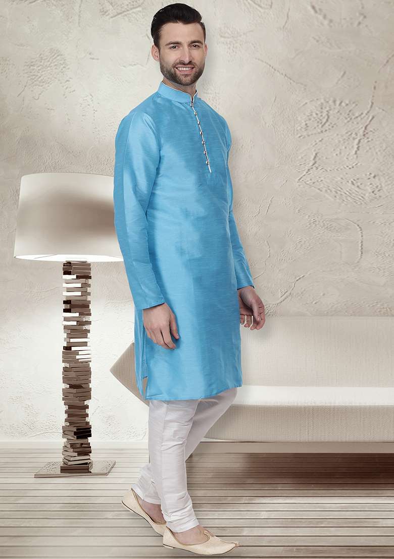 Sky Blue Embroidery Sequins Work Dupion Silk Blend Kurta Set For Men - Indya