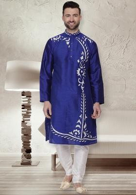 Royal Blue Embroidery Sequins Work Dupion Silk Kurta Set For Men