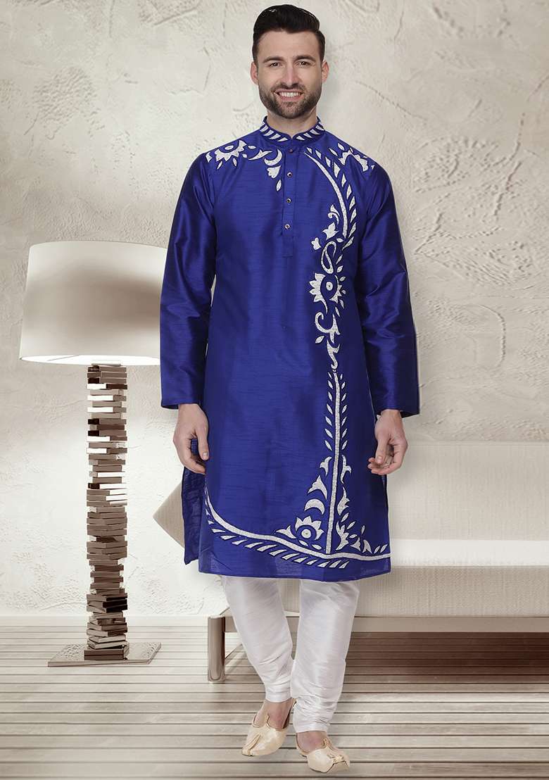 Royal Blue Embroidery Sequins Work Dupion Silk Blend Kurta Set For Men - Indya