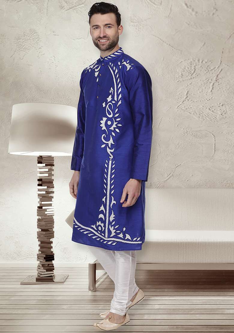 Royal Blue Embroidery Sequins Work Dupion Silk Blend Kurta Set For Men - Indya