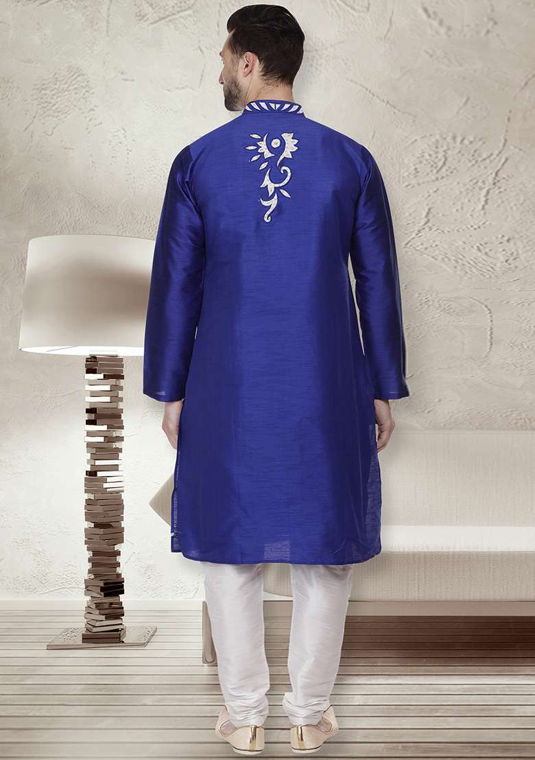 Royal Blue Embroidery Sequins Work Dupion Silk Blend Kurta Set For Men - Indya