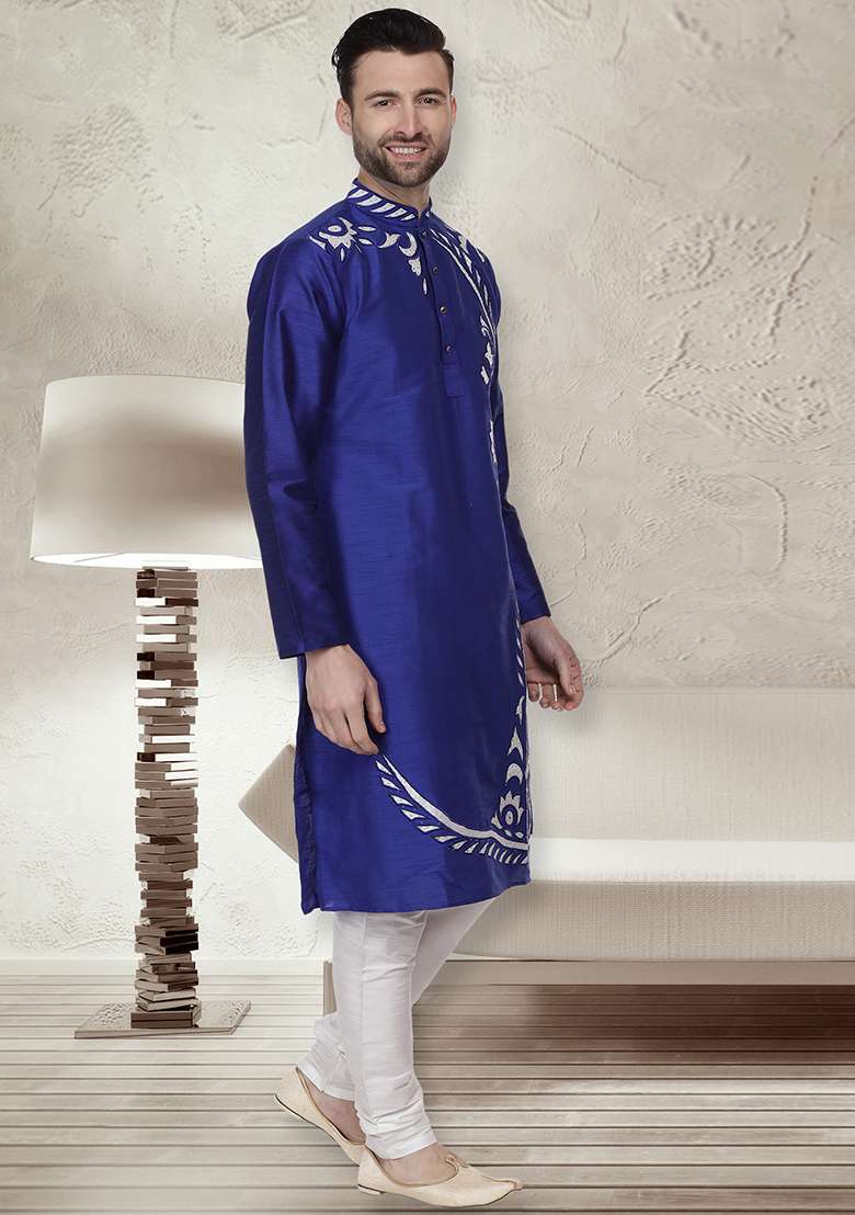 Royal Blue Embroidery Sequins Work Dupion Silk Blend Kurta Set For Men - Indya