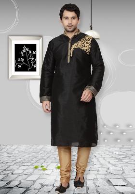 Black Embroidery Sequins Work Dupion Silk Kurta Set For Men