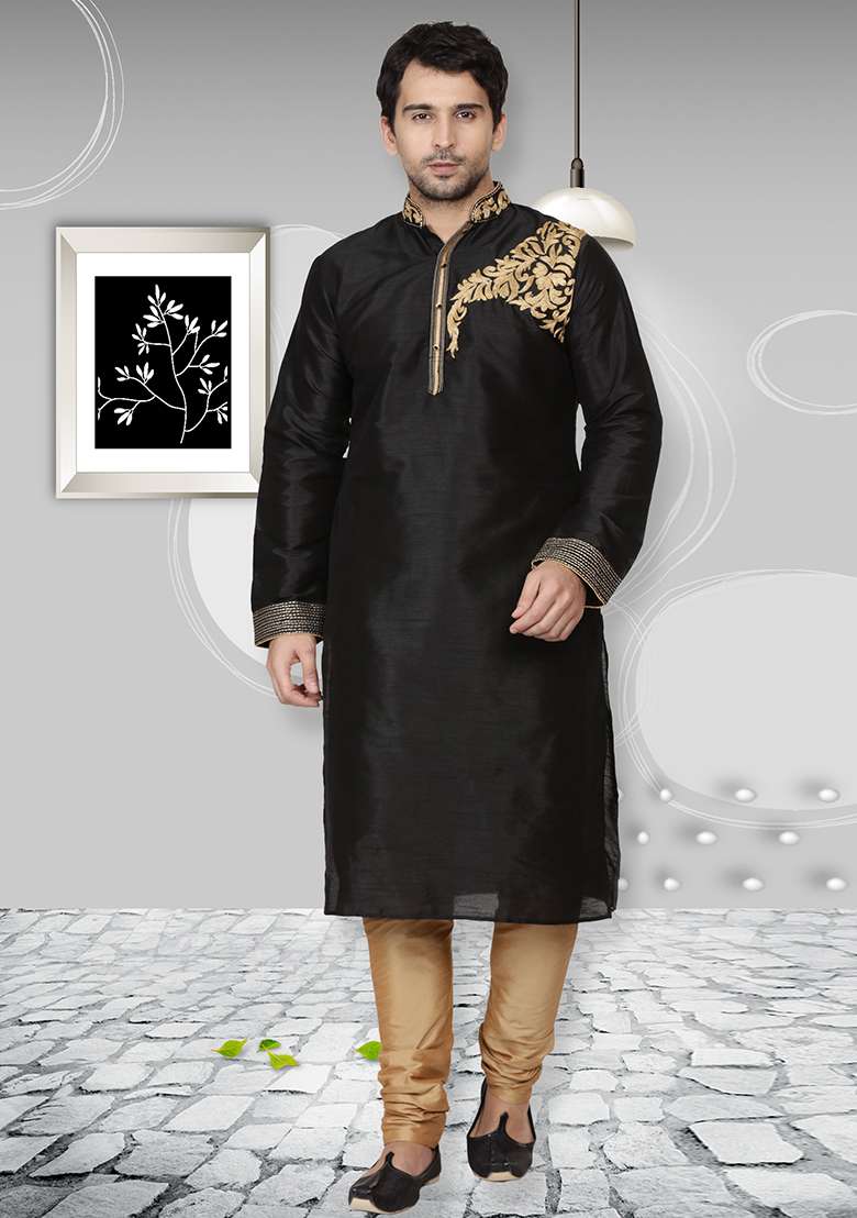 Black Embroidery Sequins Work Dupion Silk Blend Kurta Set For Men - Indya