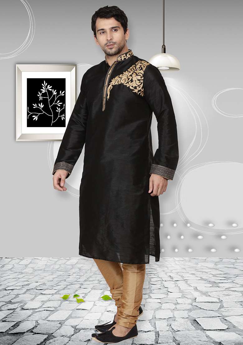 Black Embroidery Sequins Work Dupion Silk Blend Kurta Set For Men - Indya