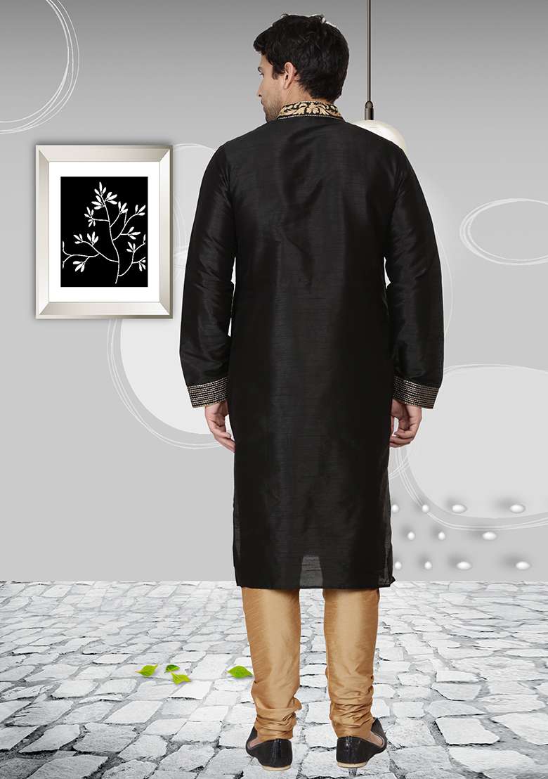 Black Embroidery Sequins Work Dupion Silk Blend Kurta Set For Men - Indya