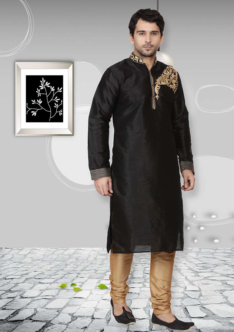 Black Embroidery Sequins Work Dupion Silk Blend Kurta Set For Men - Indya