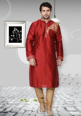 Maroon Embroidery Sequins Work Dupion Silk Kurta Set For Men