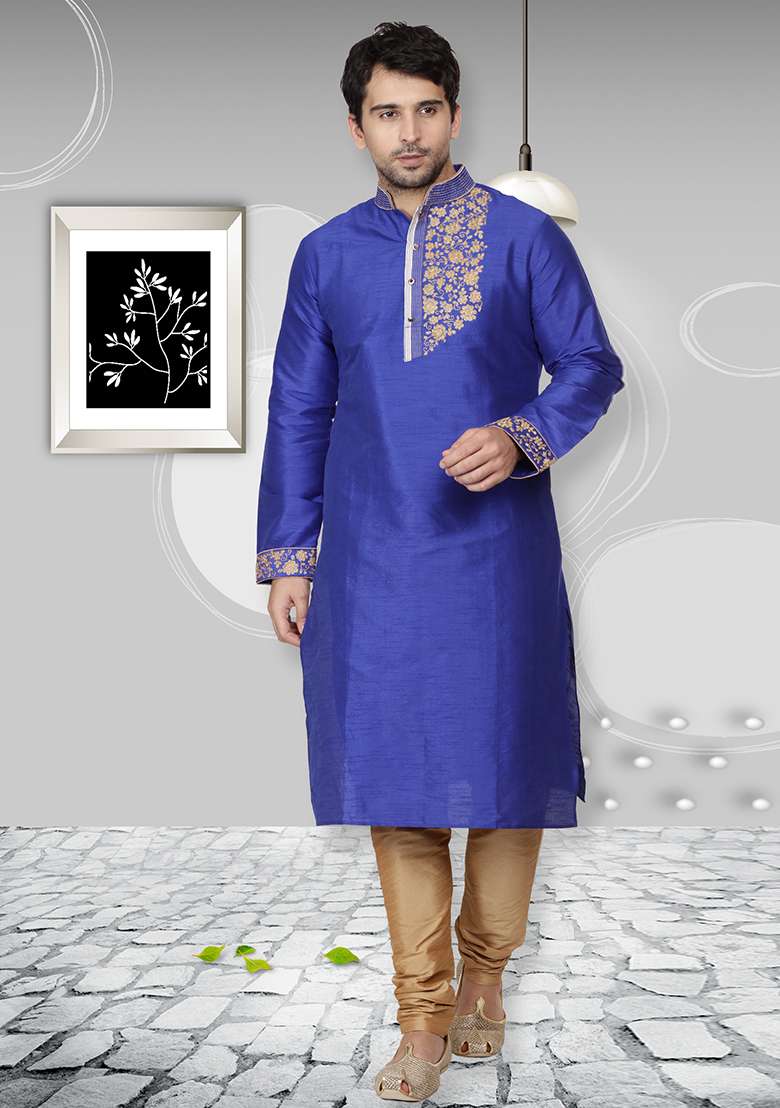 Royal Blue Embroidery Sequins Work Dupion Silk Blend Kurta Set For Men - Indya