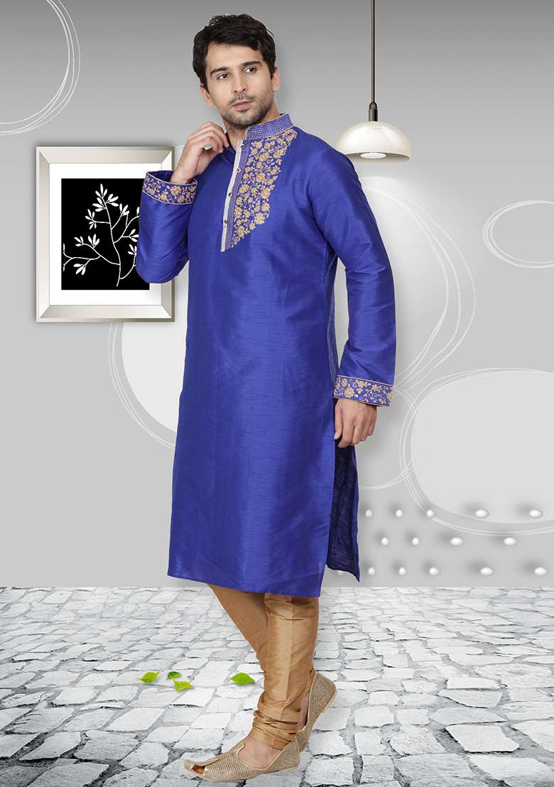 Royal Blue Embroidery Sequins Work Dupion Silk Blend Kurta Set For Men - Indya
