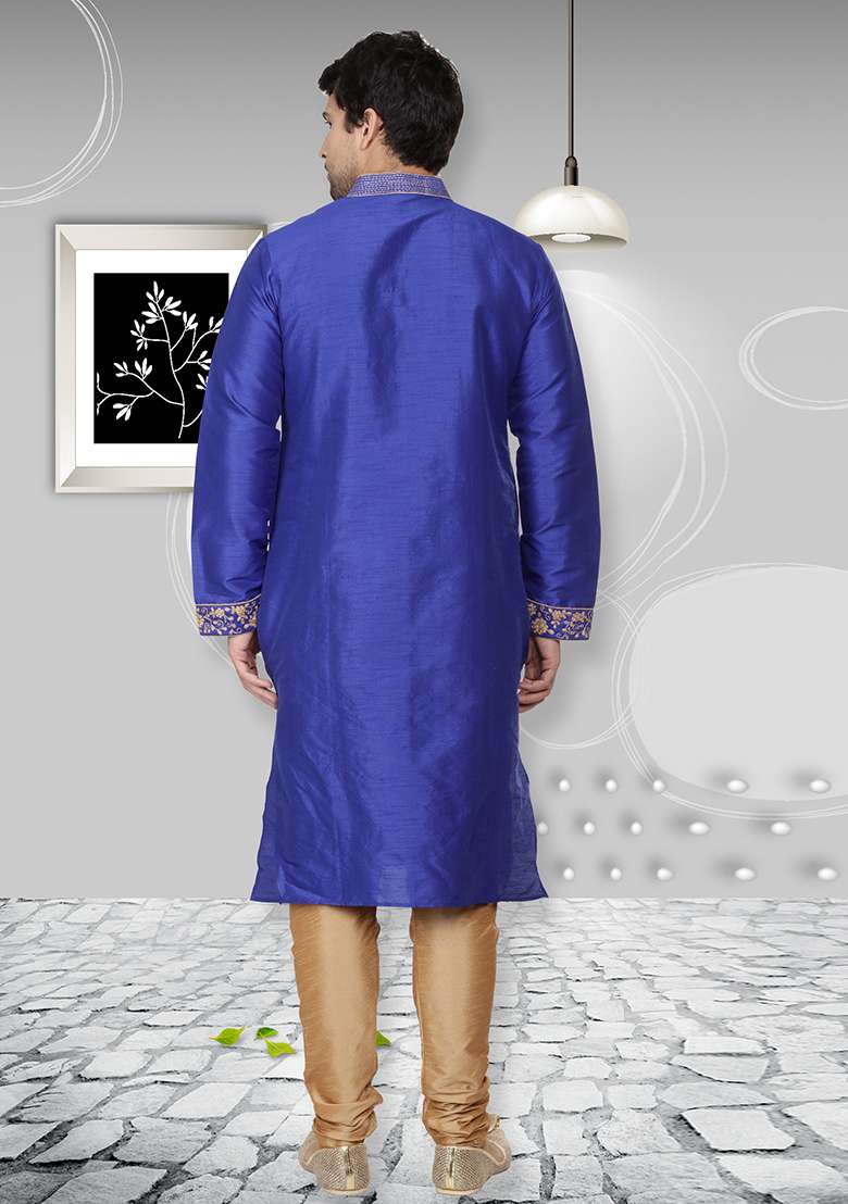Royal Blue Embroidery Sequins Work Dupion Silk Blend Kurta Set For Men - Indya