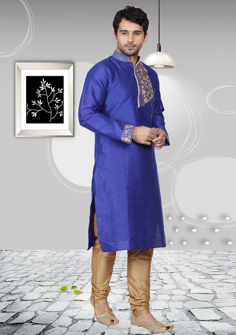 Royal Blue Embroidery Sequins Work Dupion Silk Blend Kurta Set For Men - Indya