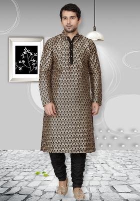 Black Embroidery Sequins Work Dupion Silk Kurta Set For Men