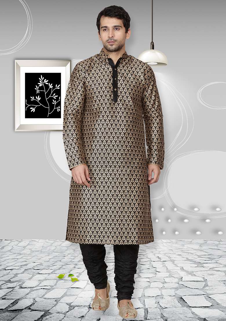 Black Embroidery Sequins Work Dupion Silk Blend Kurta Set For Men - Indya
