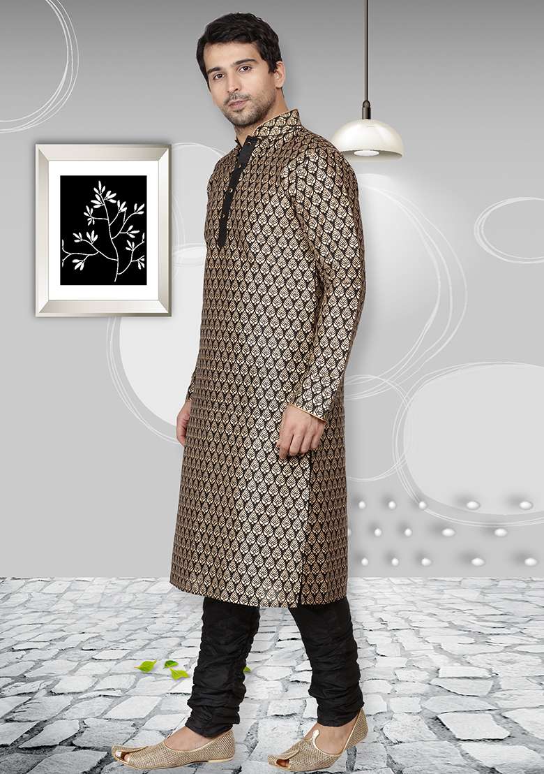 Black Embroidery Sequins Work Dupion Silk Blend Kurta Set For Men - Indya