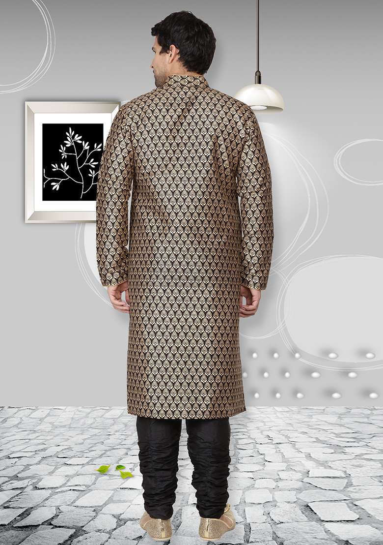 Black Embroidery Sequins Work Dupion Silk Blend Kurta Set For Men - Indya