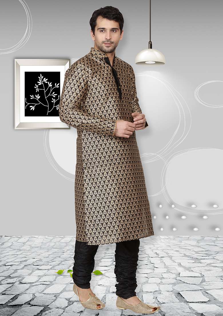 Black Embroidery Sequins Work Dupion Silk Blend Kurta Set For Men - Indya