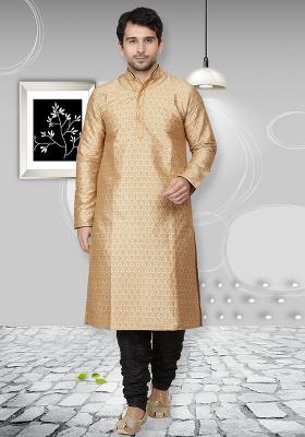 Golden Embroidery Sequins Work Dupion Silk Blend Kurta Set For Men