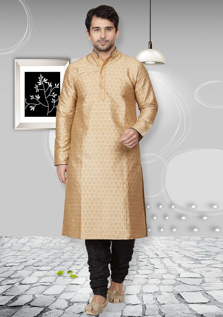 Golden Embroidery Sequins Work Dupion Silk Blend Kurta Set For Men - Indya
