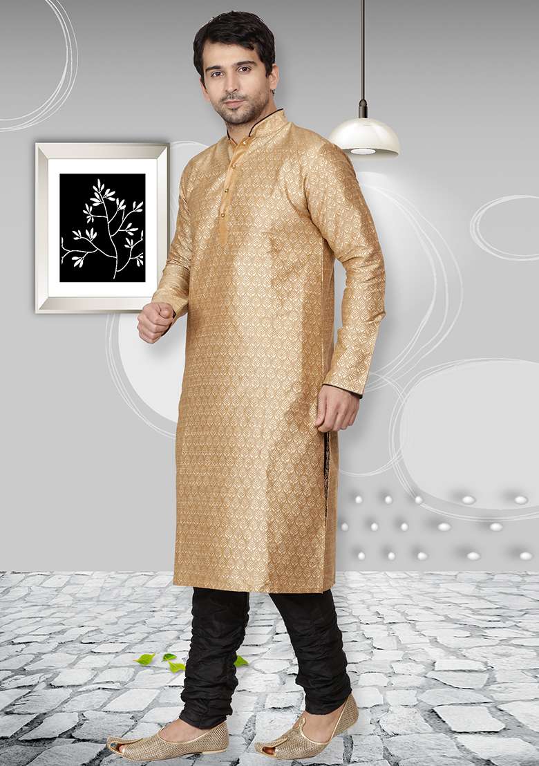 Golden Embroidery Sequins Work Dupion Silk Blend Kurta Set For Men - Indya