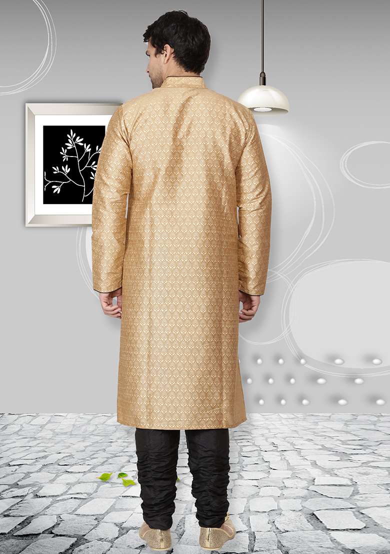 Golden Embroidery Sequins Work Dupion Silk Blend Kurta Set For Men - Indya