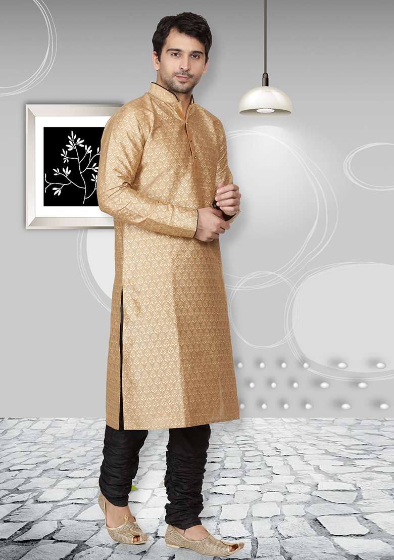 Golden Embroidery Sequins Work Dupion Silk Blend Kurta Set For Men - Indya