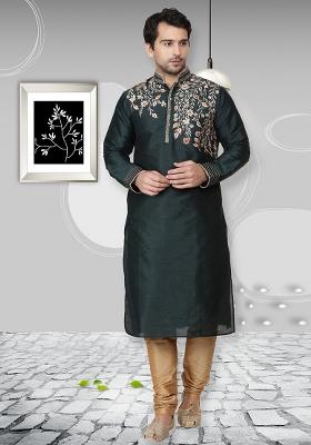 Green Embroidery Sequins Work Dupion Silk Kurta Set For Men