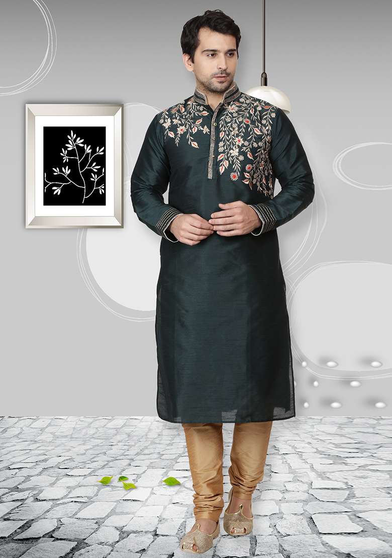 Green Embroidery Sequins Work Dupion Silk Blend Kurta Set For Men - Indya