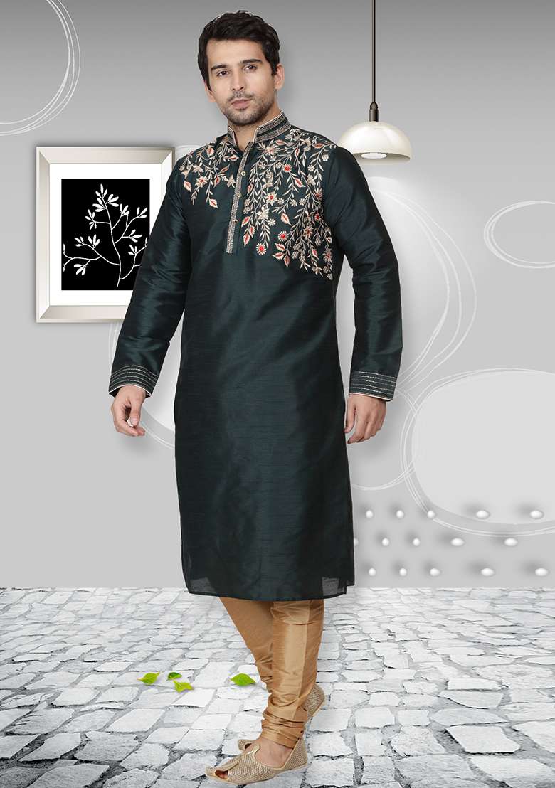 Green Embroidery Sequins Work Dupion Silk Blend Kurta Set For Men - Indya