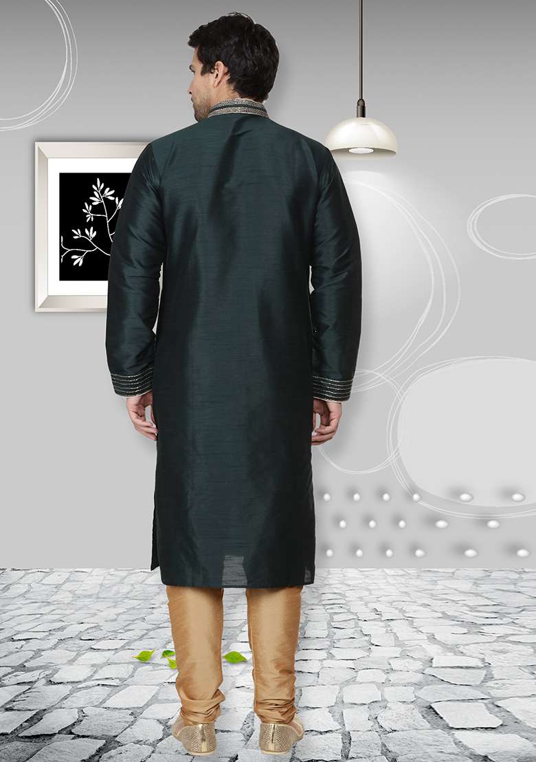 Green Embroidery Sequins Work Dupion Silk Blend Kurta Set For Men - Indya