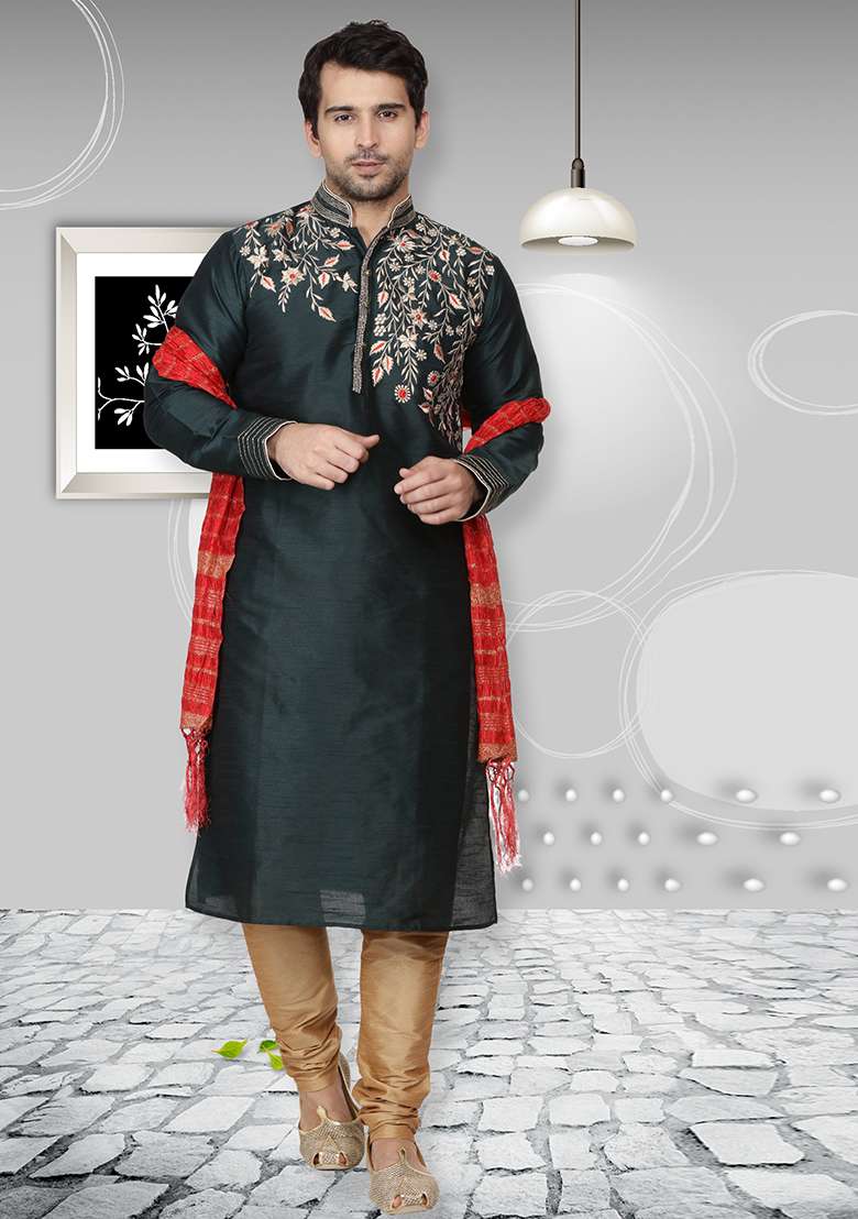 Green Embroidery Sequins Work Dupion Silk Blend Kurta Set For Men - Indya