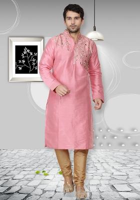 Pink Embroidery Sequins Work Dupion Silk Kurta Set For Men