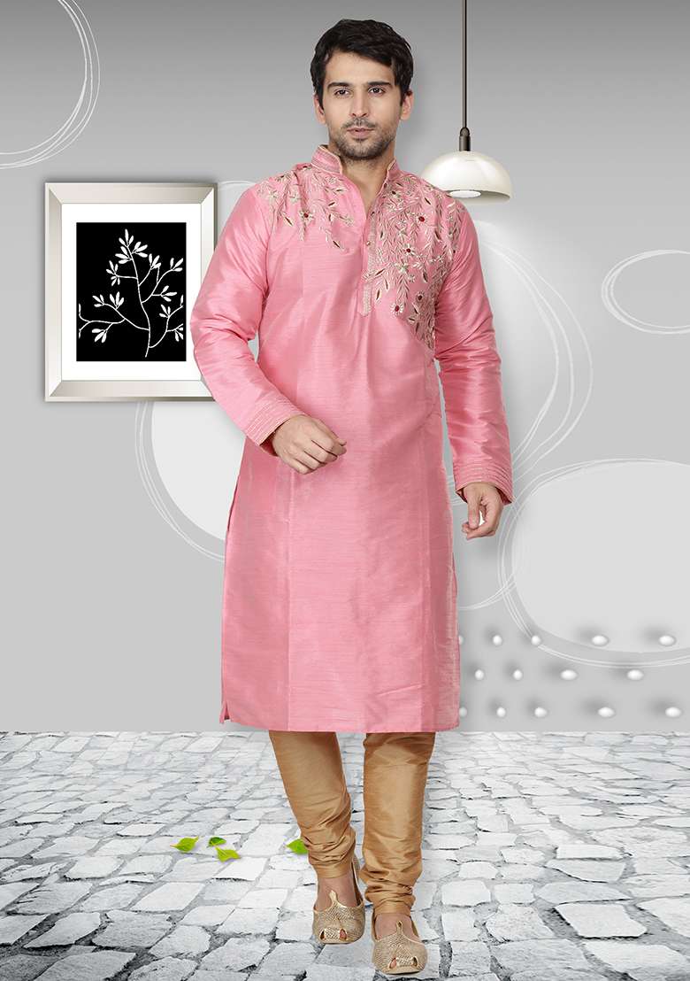 Pink Embroidery Sequins Work Dupion Silk Blend Kurta Set For Men - Indya