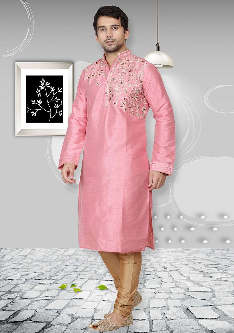 Pink Embroidery Sequins Work Dupion Silk Blend Kurta Set For Men - Indya