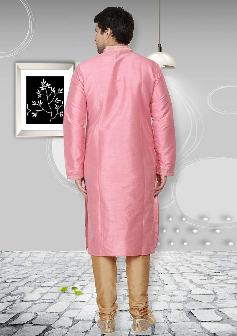 Pink Embroidery Sequins Work Dupion Silk Blend Kurta Set For Men - Indya