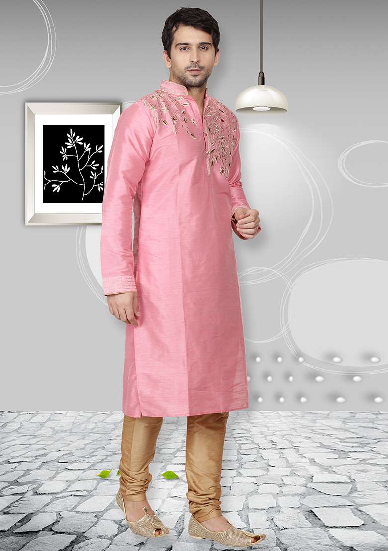Pink Embroidery Sequins Work Dupion Silk Blend Kurta Set For Men - Indya