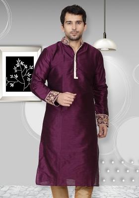 Purple Embroidery Sequins Work Dupion Silk Kurta Set For Men