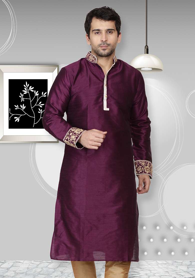 Purple Embroidery Sequins Work Dupion Silk Blend Kurta Set For Men - Indya