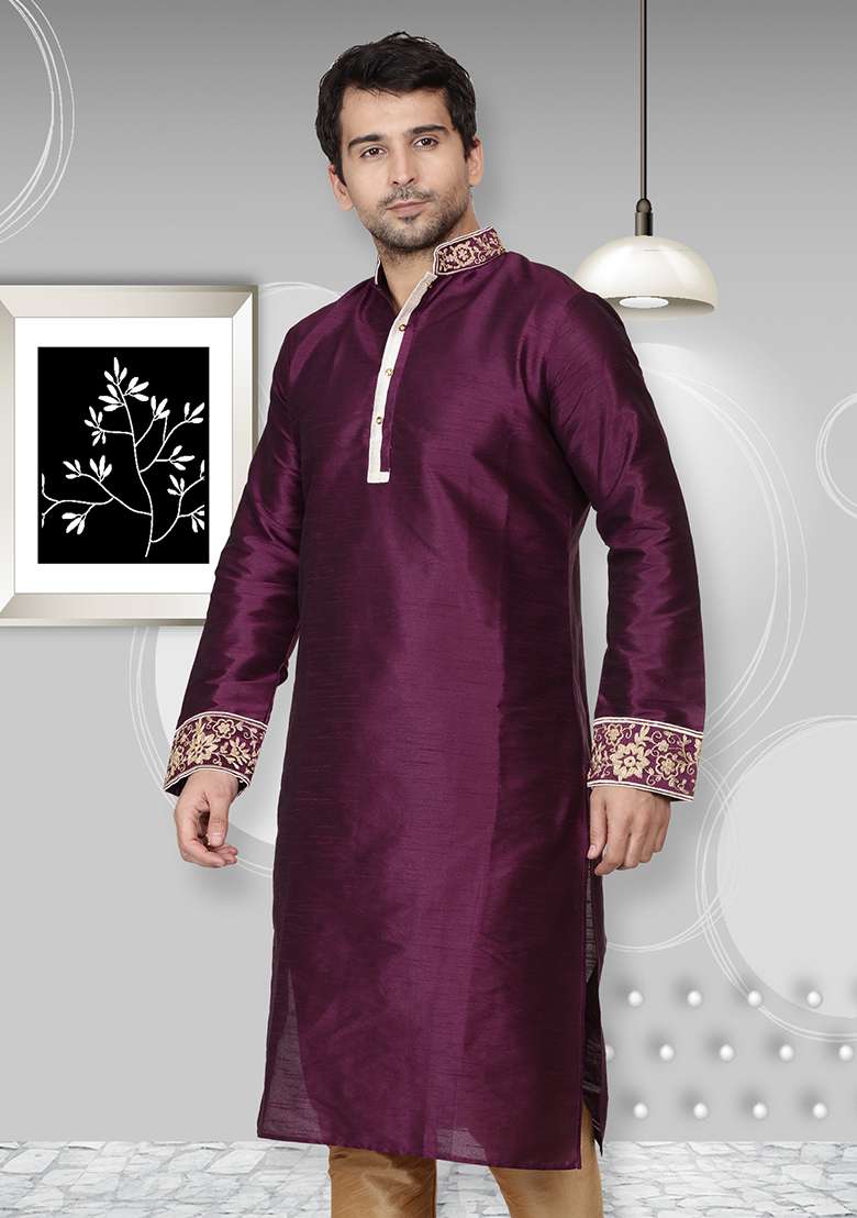 Purple Embroidery Sequins Work Dupion Silk Blend Kurta Set For Men - Indya