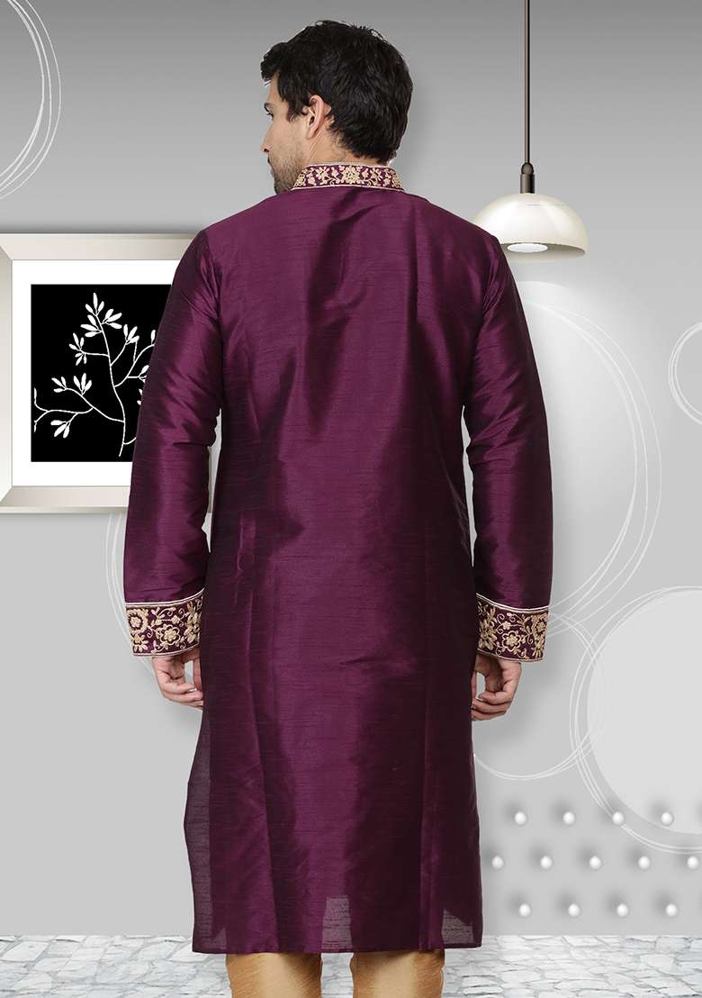 Purple Embroidery Sequins Work Dupion Silk Blend Kurta Set For Men - Indya