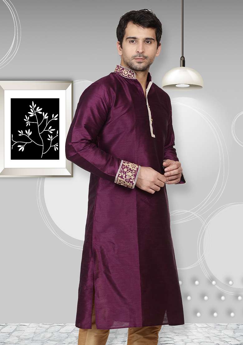 Purple Embroidery Sequins Work Dupion Silk Blend Kurta Set For Men - Indya