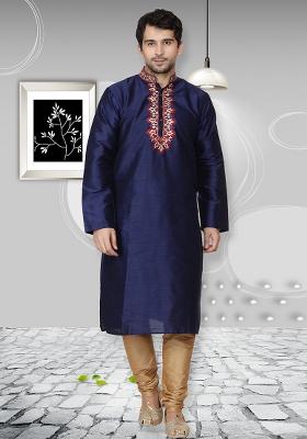 Navy Blue Embroidery Sequins Work Dupion Silk Kurta Set For Men