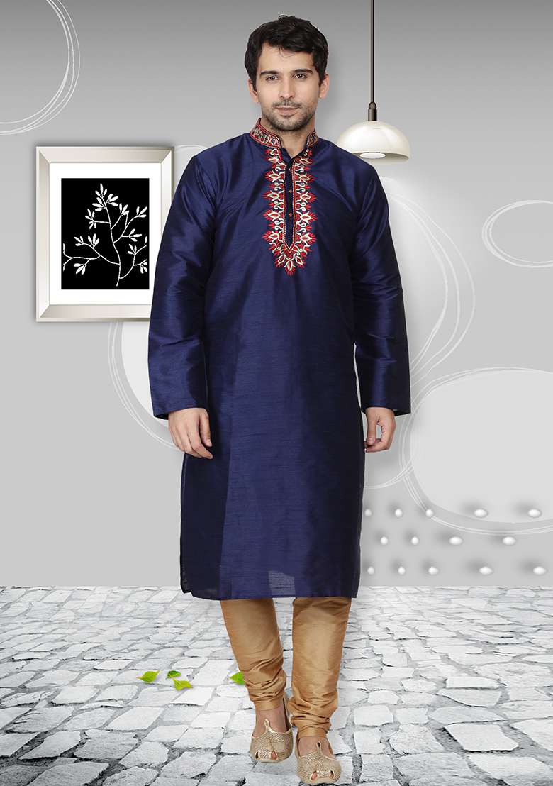 Navy Blue Embroidery Sequins Work Dupion Silk Blend Kurta Set For Men - Indya