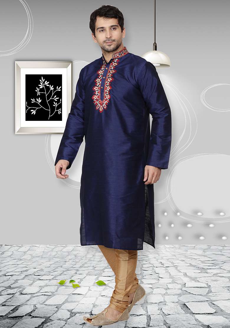 Navy Blue Embroidery Sequins Work Dupion Silk Blend Kurta Set For Men - Indya