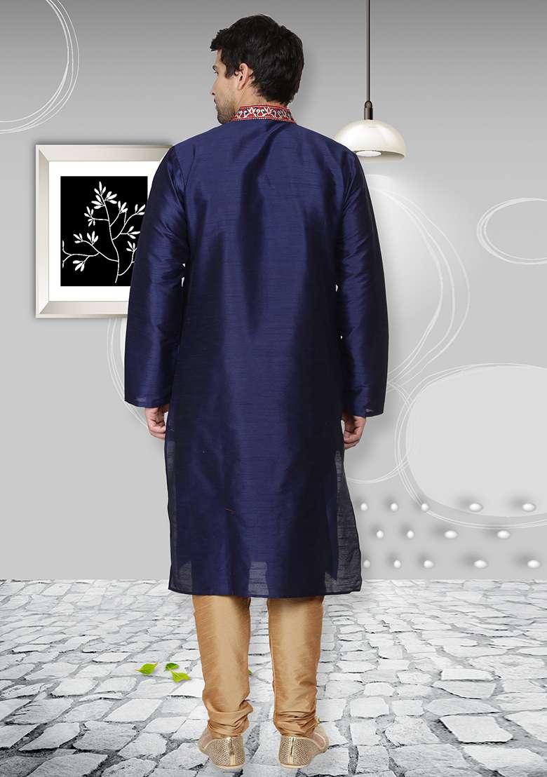 Navy Blue Embroidery Sequins Work Dupion Silk Blend Kurta Set For Men - Indya