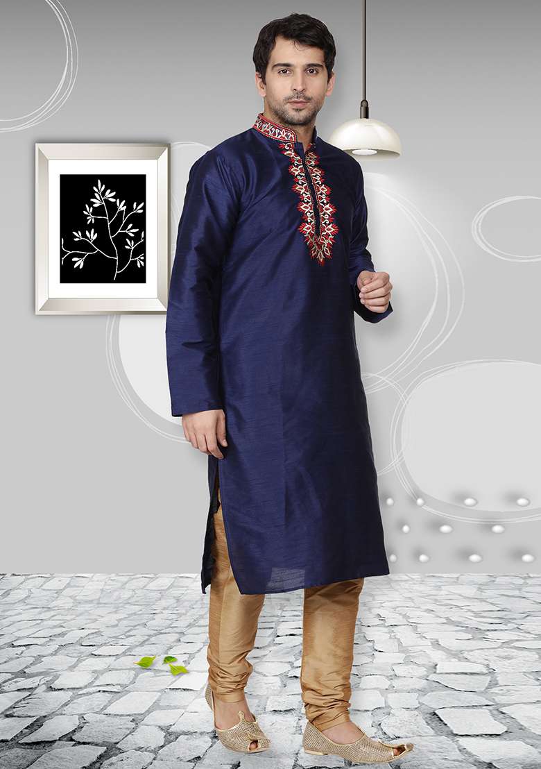 Navy Blue Embroidery Sequins Work Dupion Silk Blend Kurta Set For Men - Indya