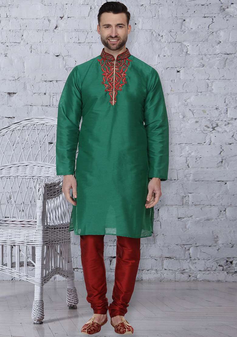 Green Embroidery Sequins Work Dupion Silk Blend Kurta Set For Men - Indya